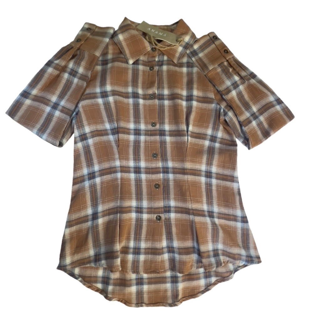 Anama` Tailored Farmcore Flannel Long Sleeve Button Brown Plaid Cozy Small Shirt - Picture 4 of 10